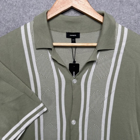 Express Other - Express Mens Sage Green Geometric Knit Button Front Polo Shirt Large 03986692
